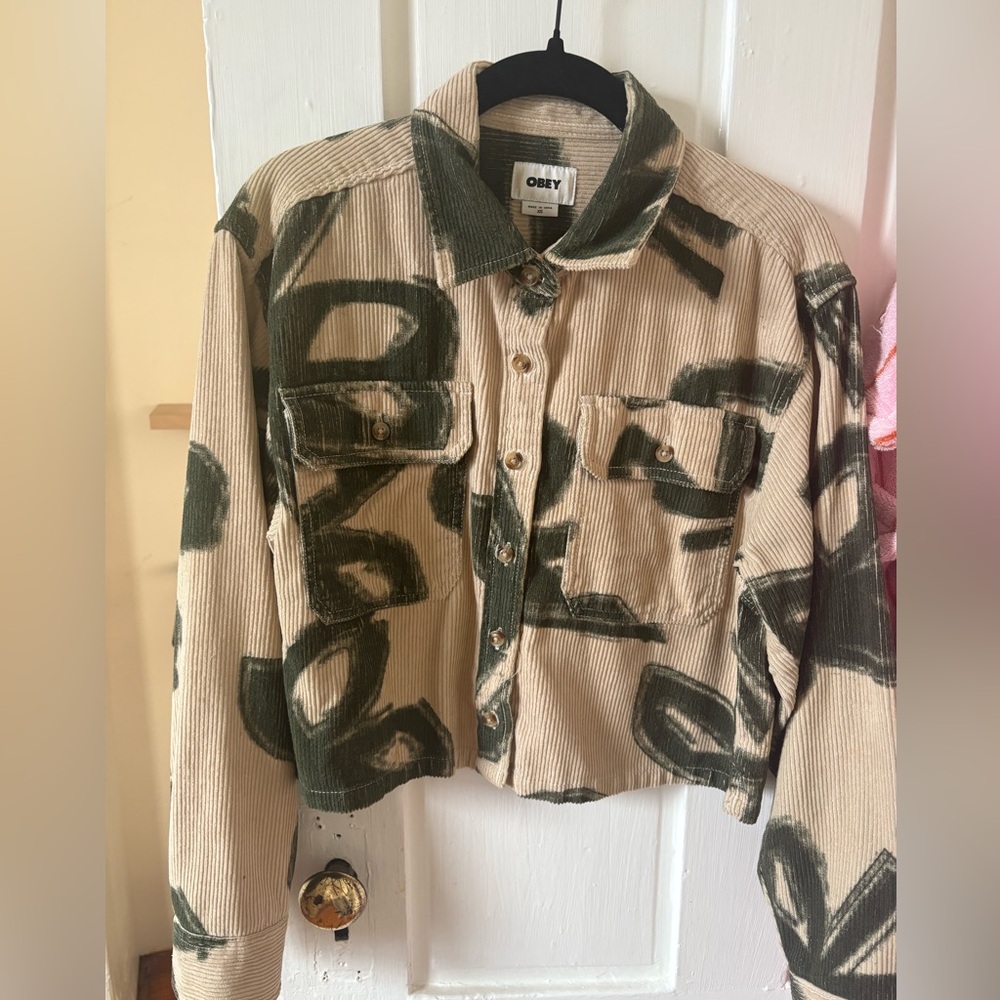 Obey Beige and Dark Green Corduroy Graffiti Cropped Jacket Shacket